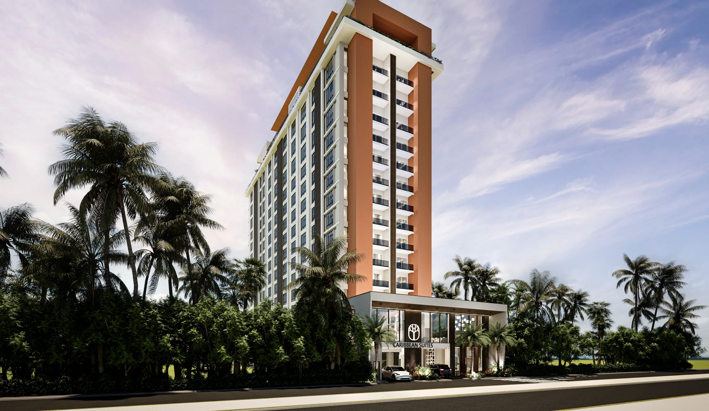 Render oficial de la torre Caribbean Suites frente al mar